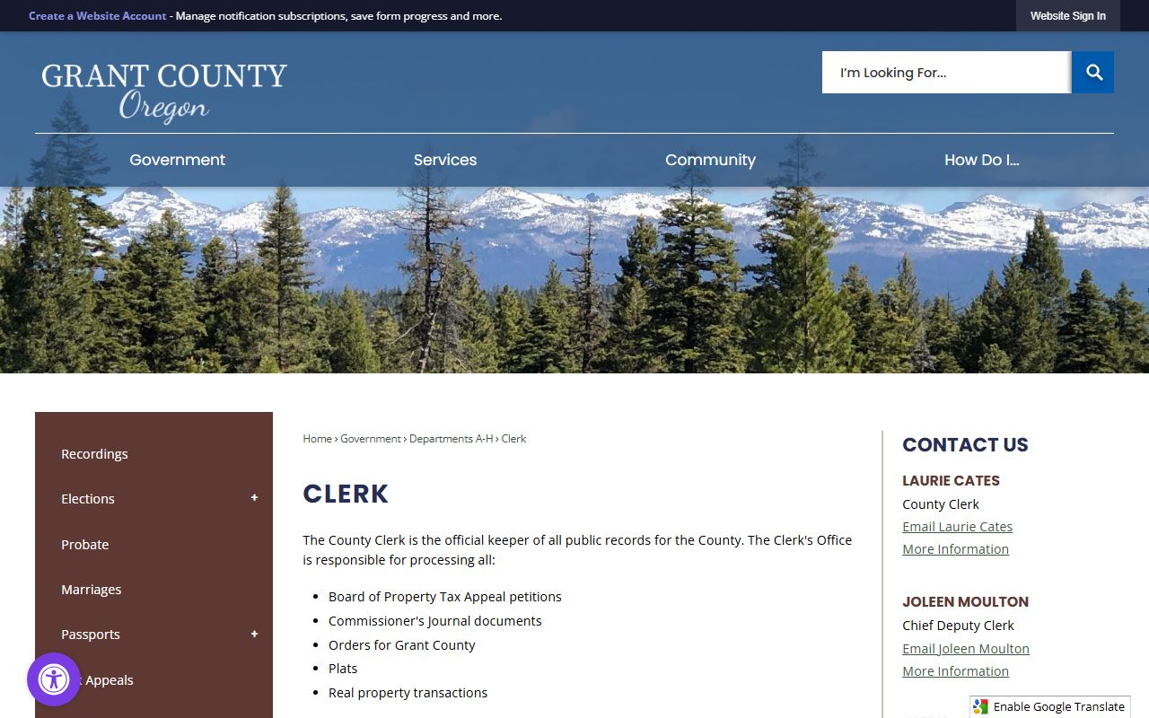 Grant County County Clerk records office page
