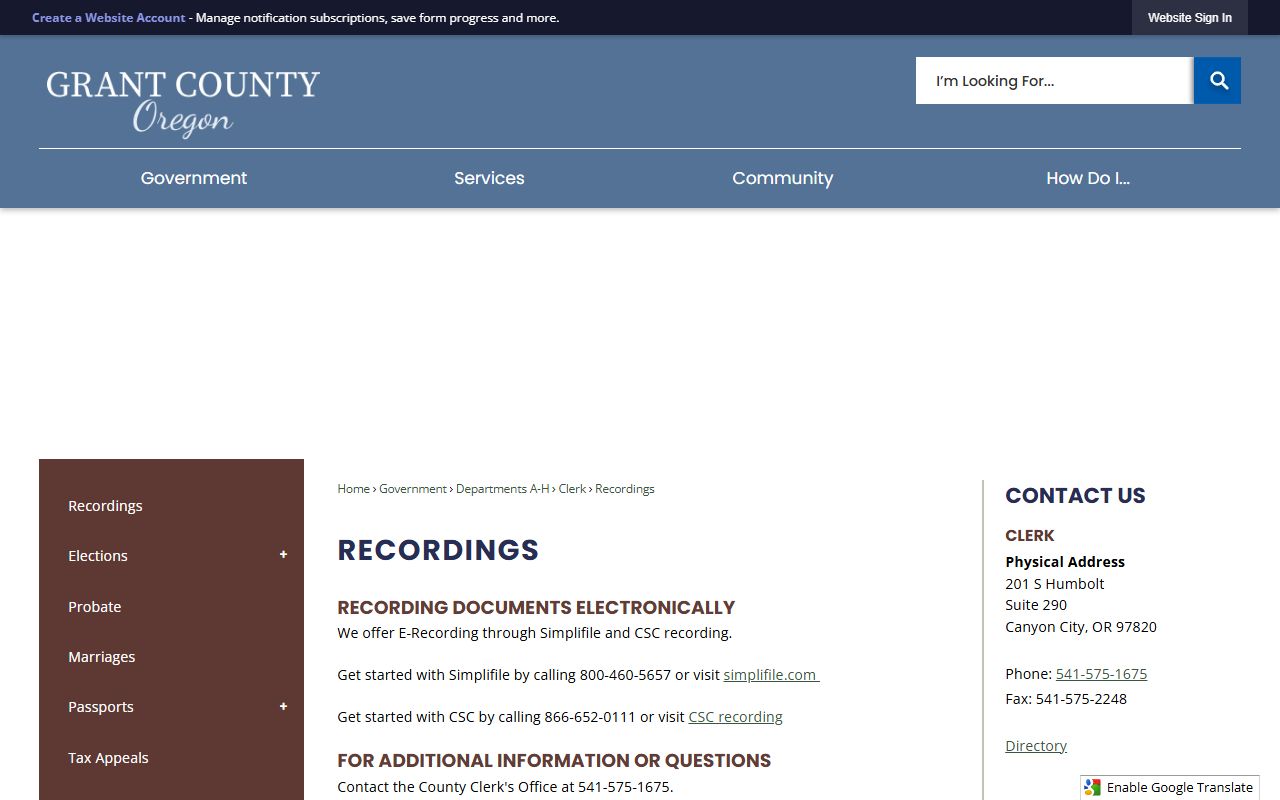 Grant County County Clerk recordings and e-recording