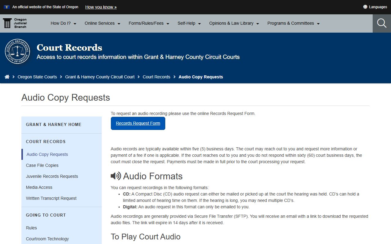 Grant County court records audio copy requests