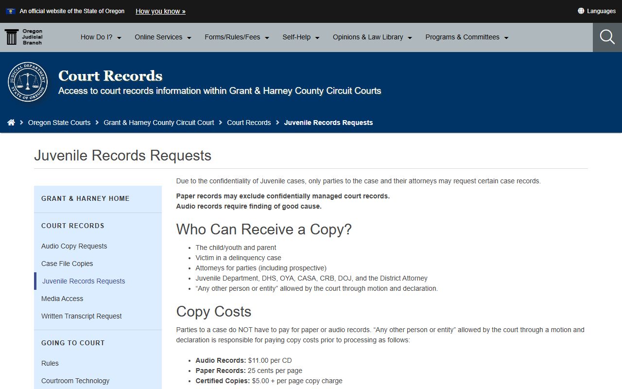 Grant County criminal court records juvenile access limits
