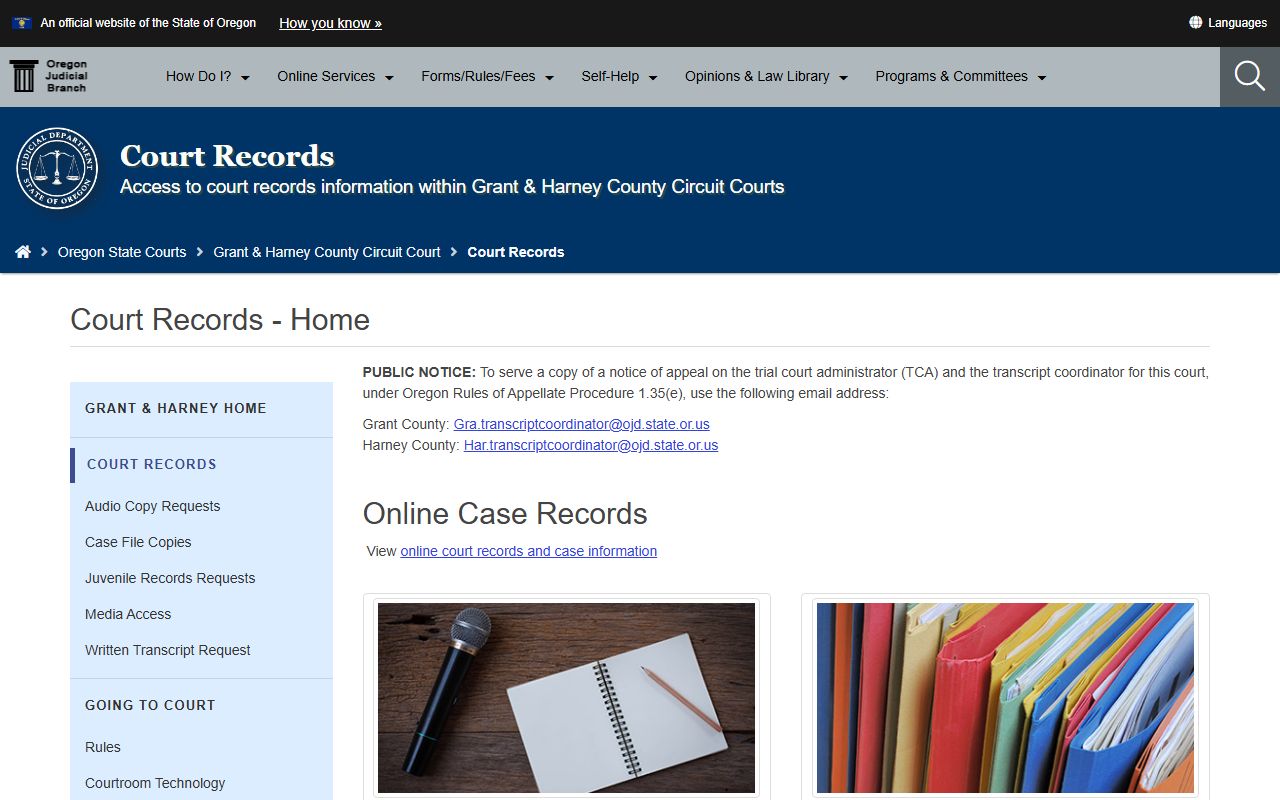 Grant County court records landing page for record access