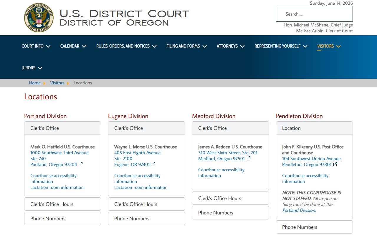 Grant County court records federal District of Oregon courthouse locations