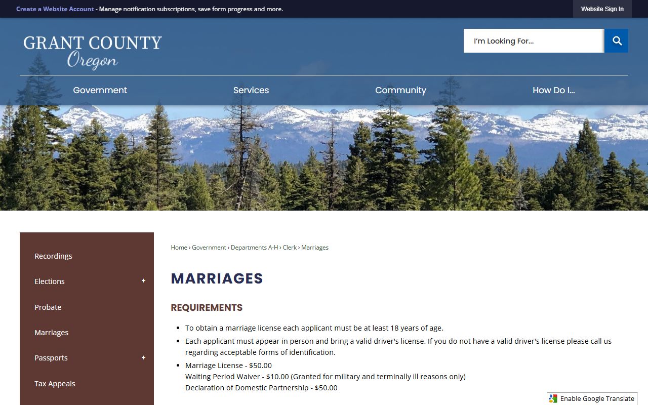 Grant County marriage records license information