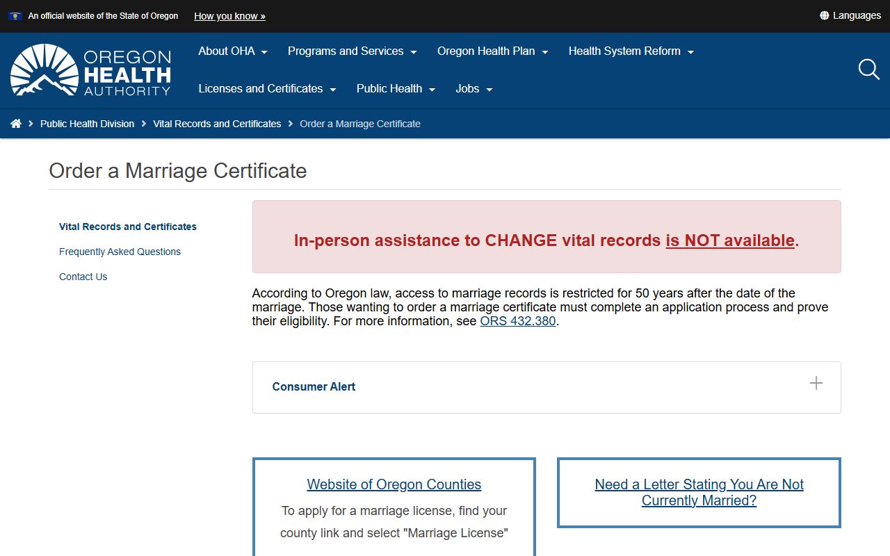 Grant County marriage records certified certificate ordering