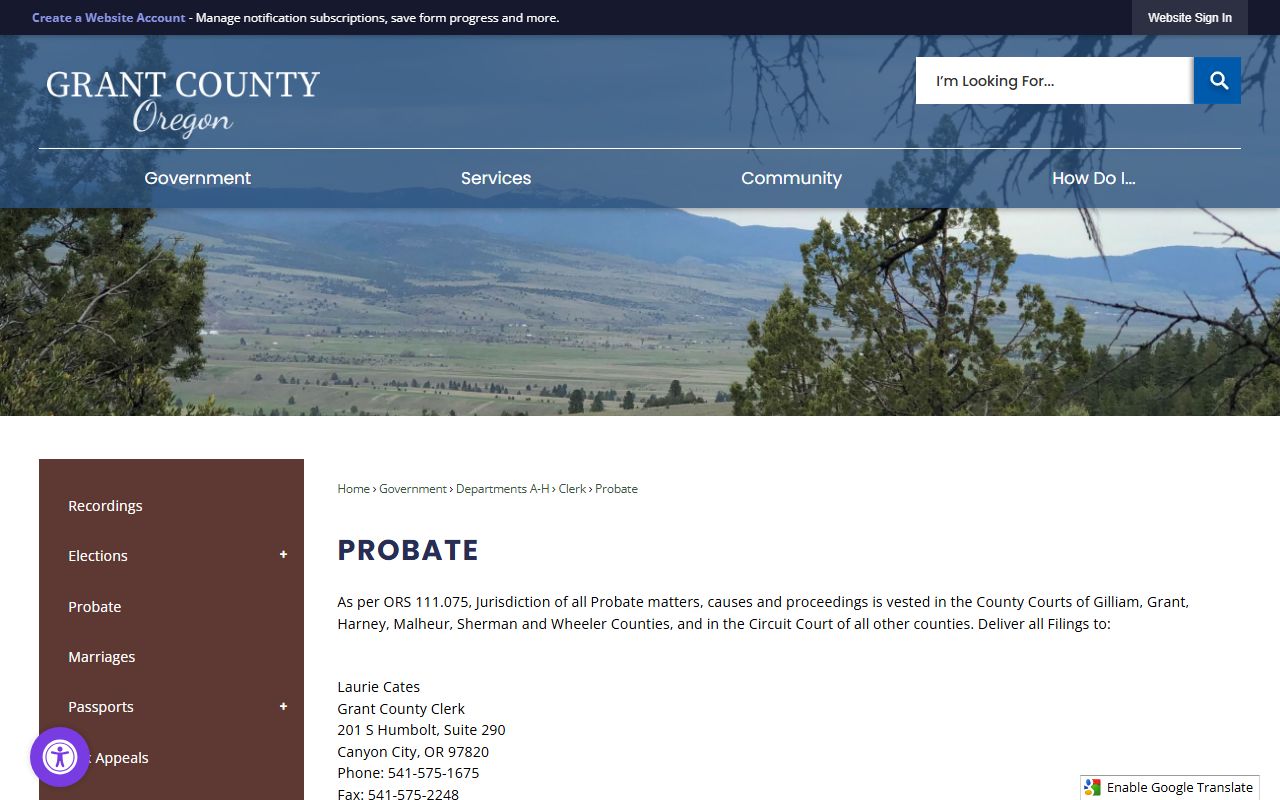 Grant County probate records County Court probate page