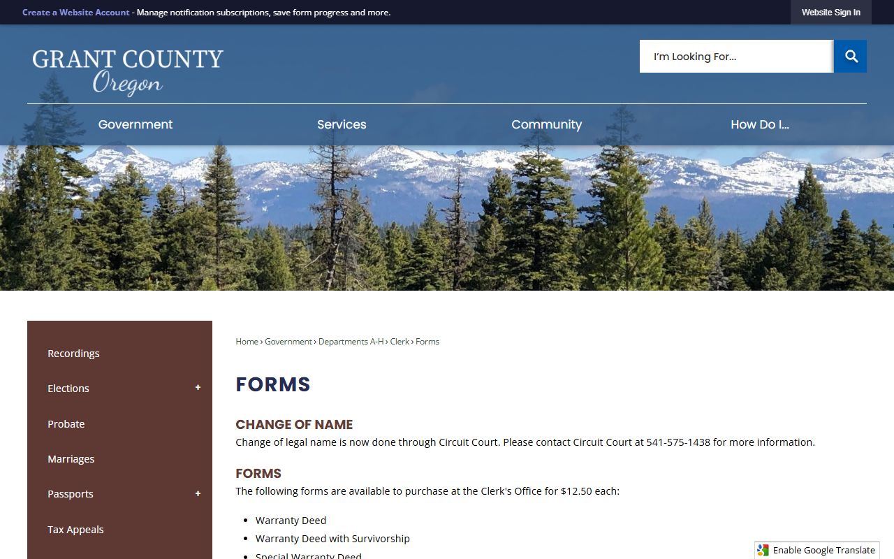 Grant County probate records Clerk forms page
