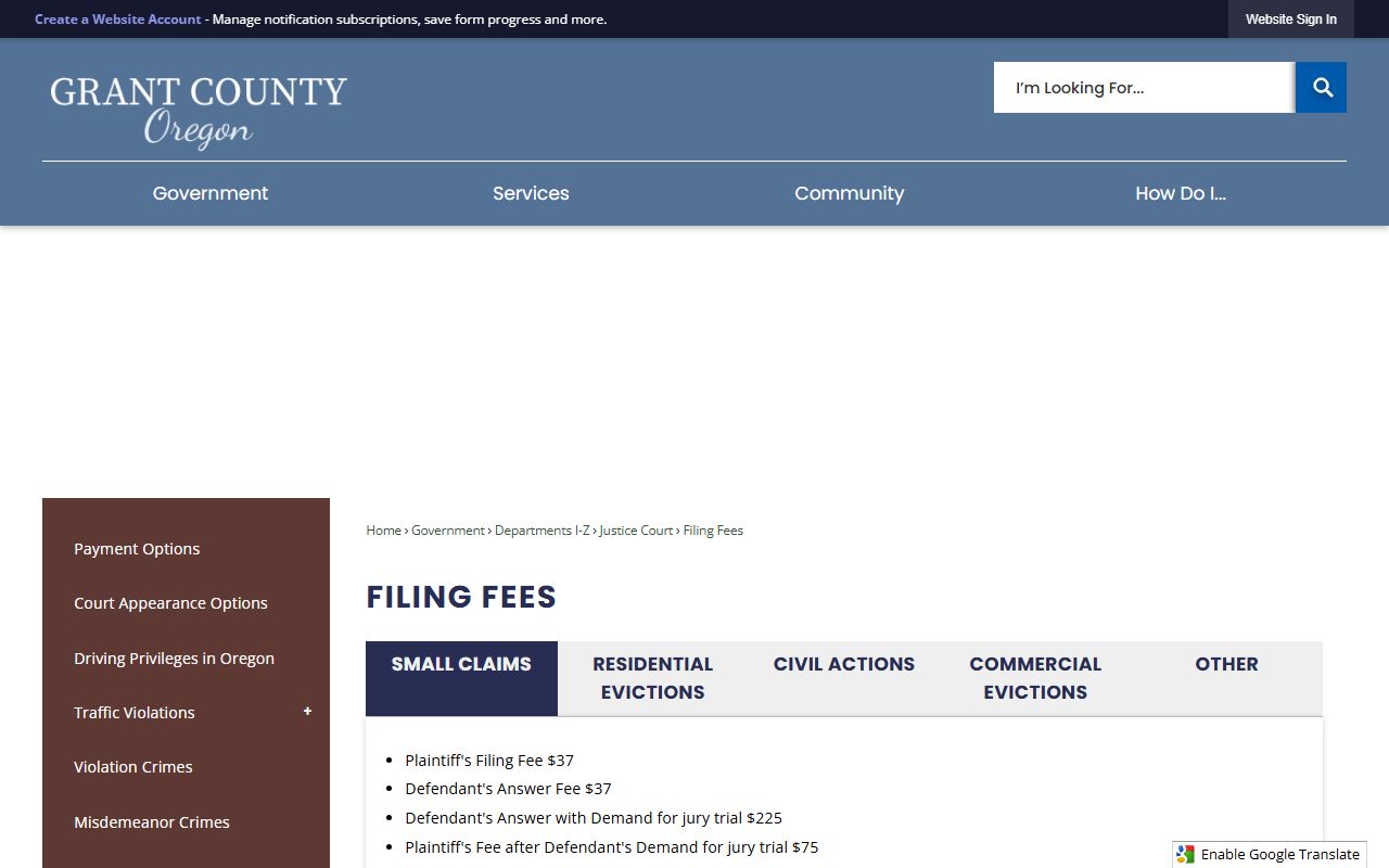 Grant County traffic court records filing fees source